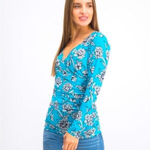 I.N.C International concepts Ruched Faux Wrap Deep V-Neck Floral Top M